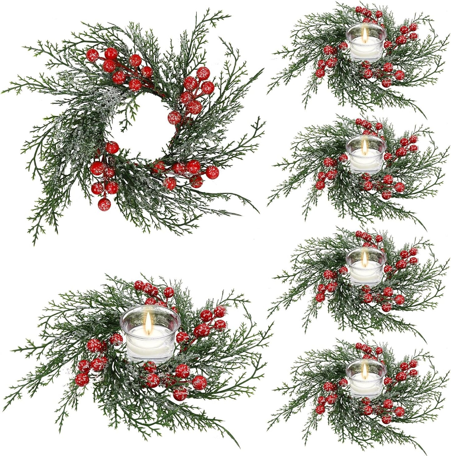 Regine Switzerland Christmas Candle Rings - 6 Pcs Artificial Wreaths with Red Berries & Snowy Pine for Festive Table Centerpieces