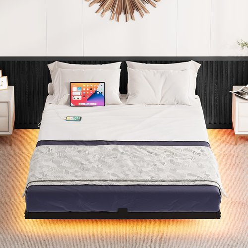 DWVO Full-Size Floating Bed Frame, Metal Platform Bed with LED Light, Charging Hub and Sturdy Steel Slats, Box Spring No Needed, Simple Setup (Black)