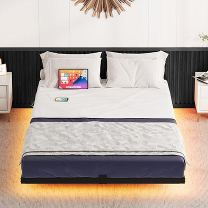 DWVO Full-Size Floating Bed Frame, Metal Platform Bed with LED Light, Charging Hub and Sturdy Steel Slats, Box Spring No Needed, Simple Setup (Black)