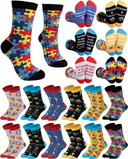 Skiennix Autism Awareness Socks - 12 Pairs Colorful Graphic Designs for Men & Women | Perfect Gift