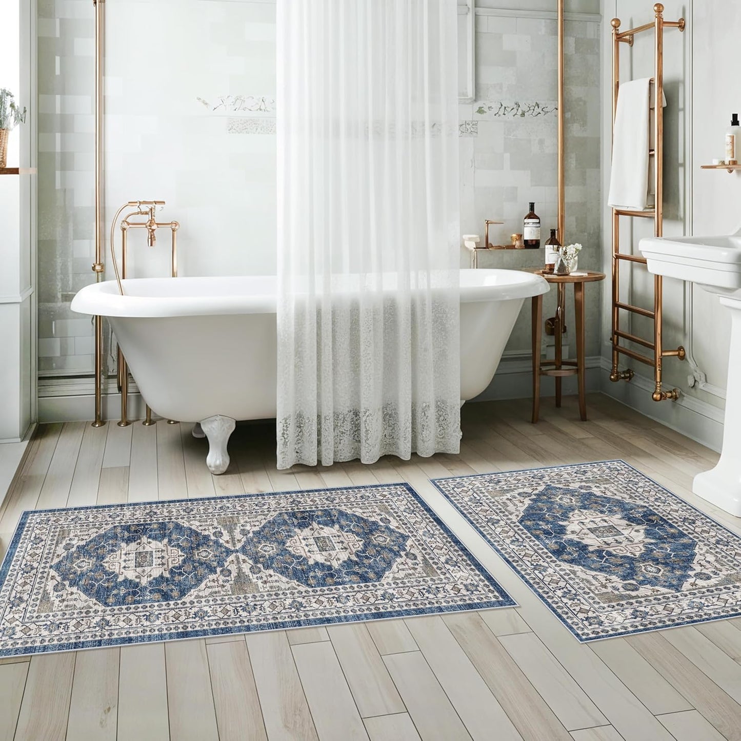 Skiennix Kitchen Sink Rugs Set of 2 - Washable Non-Slip Mats for High Traffic Areas | Soft Blue Boho Decor (2x3 + 2x4)