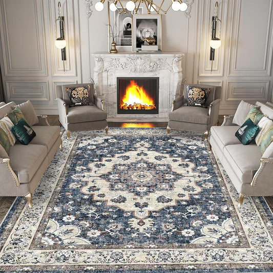 Skiennix Washable Area Rug - 9 x 12 Stain Resistant Medallion Design | Soft Non-Shedding Carpet for Indoor/Outdoor Use (Blue)