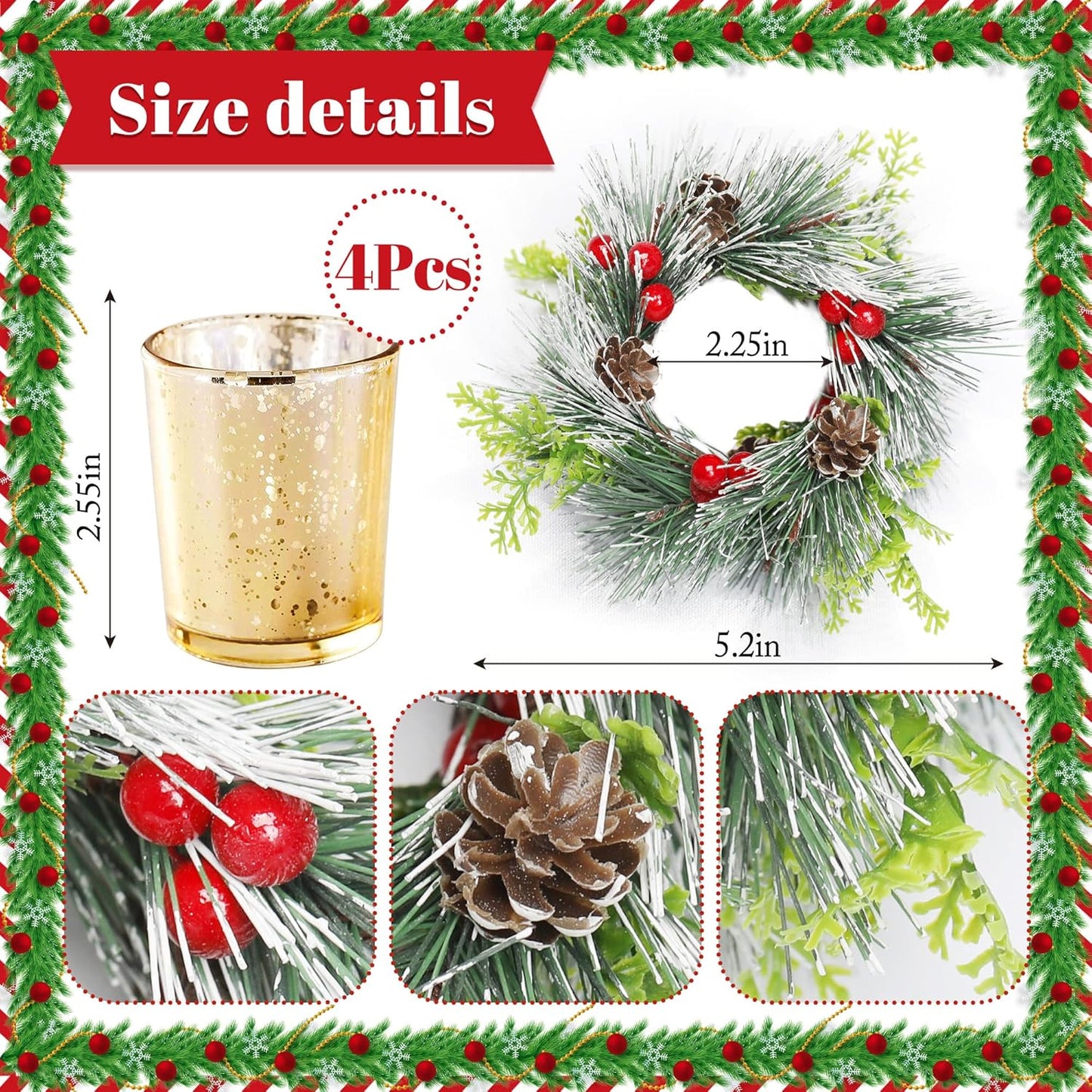 Regine Switzerland Christmas Candle Ring - 4 Pcs Votive Candles with Red Berry & Pinecone | Festive Table Centerpiece Decor