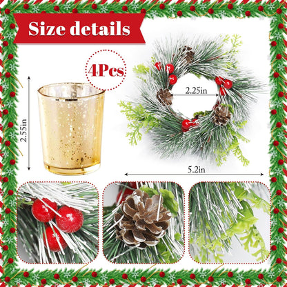 Regine Switzerland Christmas Candle Ring - 4 Pcs Votive Candles with Red Berry & Pinecone | Festive Table Centerpiece Decor