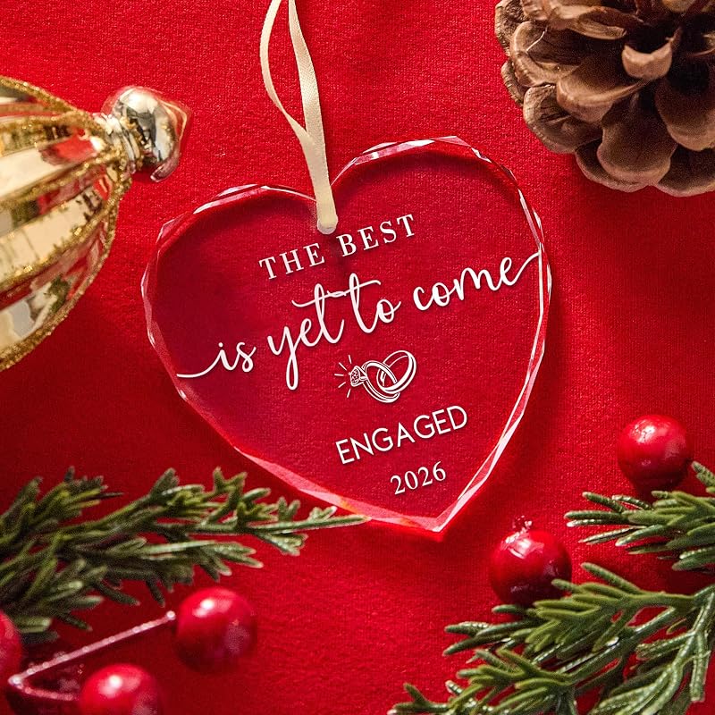 Engaged Ornament - 2026 Heart Glass Christmas Gift for Bride to Be Variation Engaged -1+2026