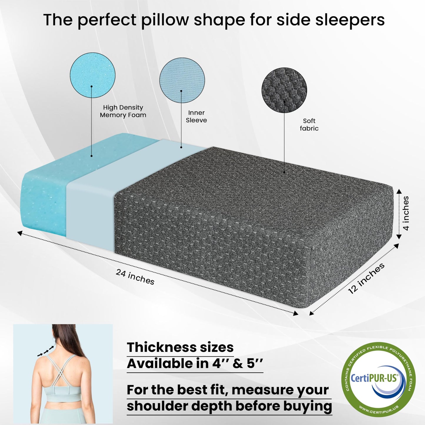 PALTEX Memory Foam Cube Pillow for Side Sleepers – 24x12x4in Include Two Pillowcases White & Gray - Medium Firm Pillow for Neck and Shoulder Pain – Memory Foam Pillow Cube for Side Sleeping