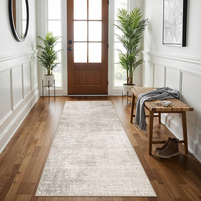 Skiennix 3x6 Washable Hallway Runner Rug - Abstract Stain Resistant | Ultra Soft Non-Slip Indoor Carpet in Beige/Cream