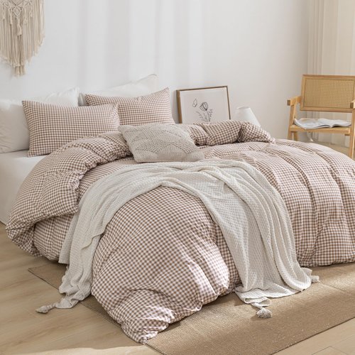 YHJWW Tan Gingham Duvet Cover Bedding Set Prewashed Extra Soft Comfy Breathable 3 Piece Brown Plaid Checkered Grid Vintage Comforter Cover Set Cute Aesthetic (Queen 90"x90", No Comforter)