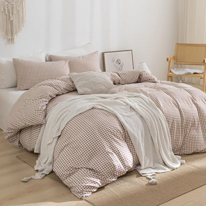 YHJWW Tan Gingham Duvet Cover Bedding Set Prewashed Extra Soft Comfy Breathable 3 Piece Brown Plaid Checkered Grid Vintage Comforter Cover Set Cute Aesthetic (Queen 90"x90", No Comforter)