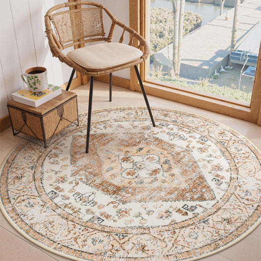 Lahome Boho Round Area Rug - 5Ft Machine Washable Round Bedroom Rugs Non-Slip Throw Large Round Rugs for Living Room, Oriental Distressed Print Circle Rugs for Office Dining Room Kitchen Classroom