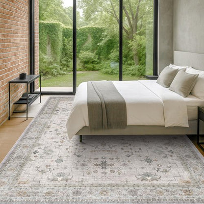 Hazo Haus Boho Light Grey Living Room Rug 10x12 - Modern Vintage Eclectic Floral Pastel Neutral Taupe, Washable Low Pile Non-Slip Extra Large Area Rugs for Dining Under Table Bedroom Lounge