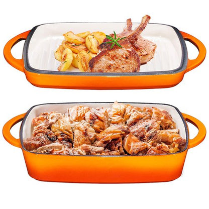 Bruntmor 2-in-1 Square Pumpkin Spice Cast Iron Dutch Oven With Handles, Enamel All-in-One Cookware Set, Braising Pan For Casserole Dish, Crock Pot Covered Cast Iron Skillet