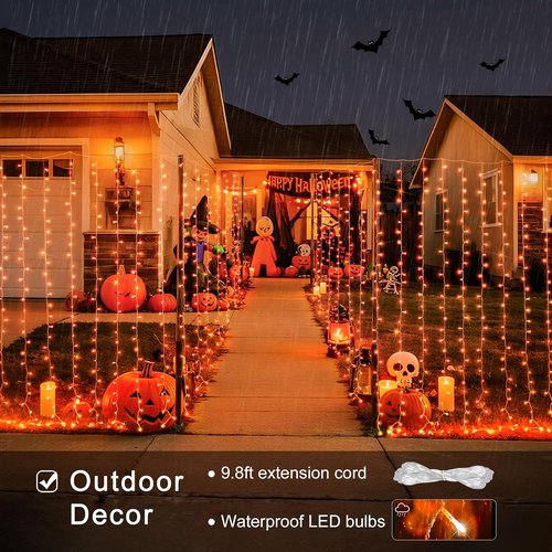 JMEXSUSS 300LED Orange Halloween Lights - Remote-Controlled 9.8x9.8ft Curtain String Lights for Indoor/Outdoor Fall Decor