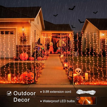 JMEXSUSS 300LED Orange Halloween Lights - Remote-Controlled 9.8x9.8ft Curtain String Lights for Indoor/Outdoor Fall Decor