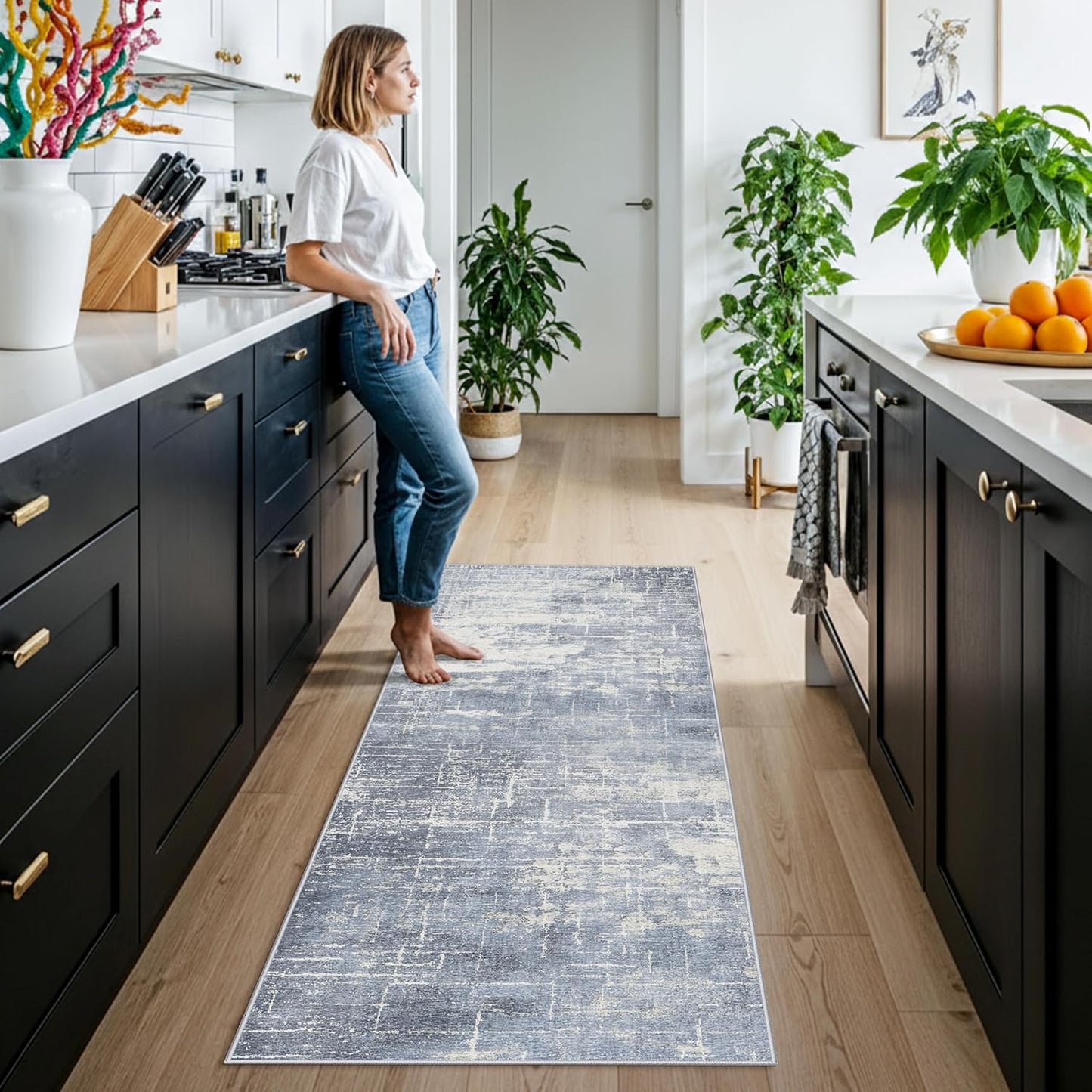 Skiennix Non-Slip Entryway Area Rug - Washable Stain Resistant Vintage Abstract Design | 2x6 ft, Blue