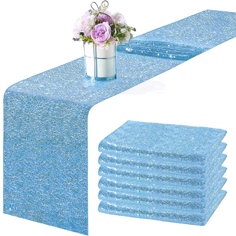 Lake Blue 6-Piece 12 x 108 Inch Sequin Table Runner Set - Glitter Decor