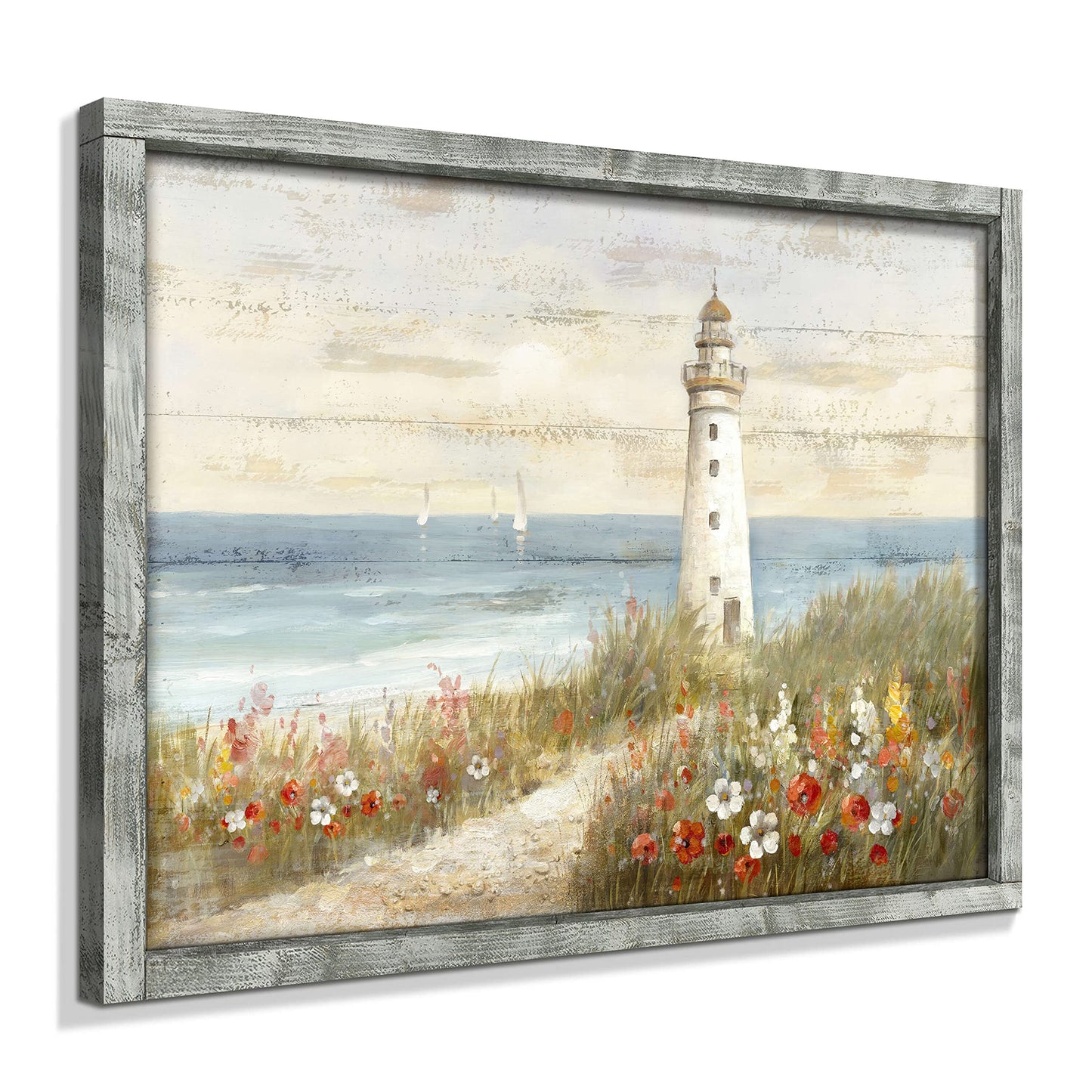 Lighthouse Framed Wooden Wall Art: Abstract Ocean Artwork Seascape Painting Beach Art Prints Coastal Pictures for Living Room 40"x30"