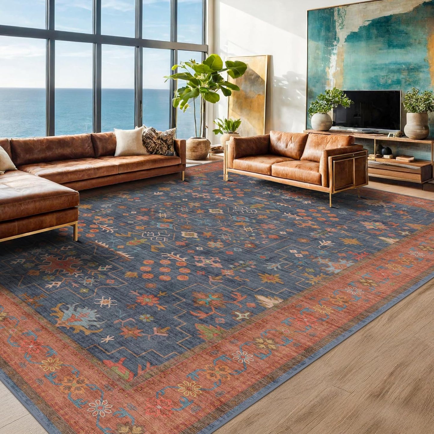 Skiennix Navy Blue Area Rug - Washable Low Pile Non-Slip Design | Vintage Boho 9x12 for Living Room & Dining Room