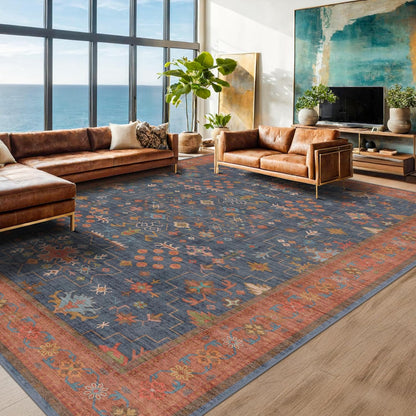 Skiennix Navy Blue Area Rug - Washable Low Pile Non-Slip Design | Vintage Boho 9x12 for Living Room & Dining Room