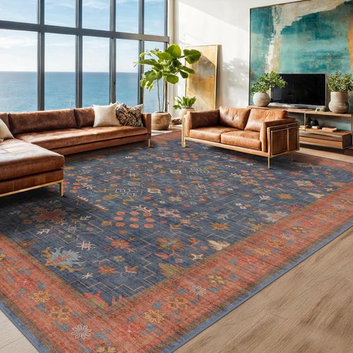 Hazo Haus Area Rug - Washable 7x9 Vintage Boho Dining Room Rug | Non-Slip Low Pile Design in Navy Blue