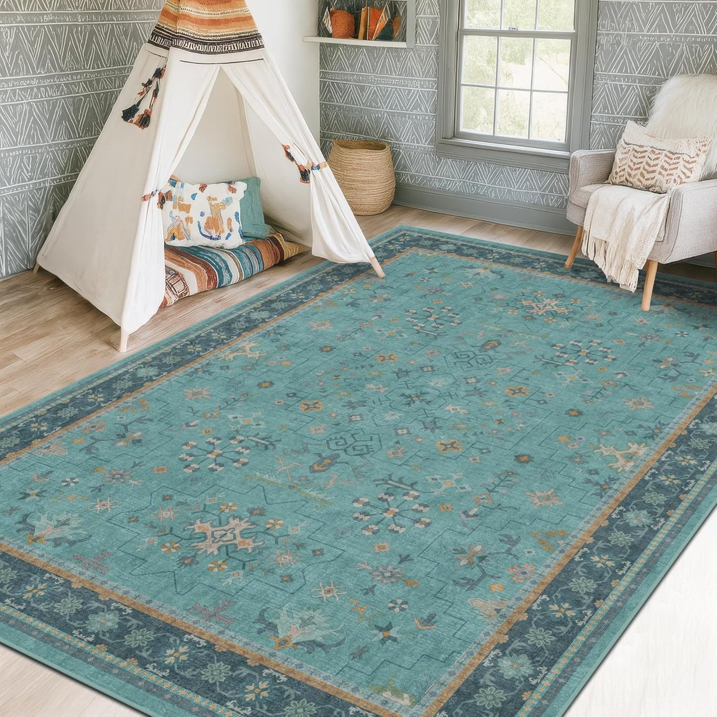 Regine Switzerland Washable 5x8 Teal Rug - Modern Floral Low-Pile, Non-Skid, Stain Resistant for Living Room & Bedroom