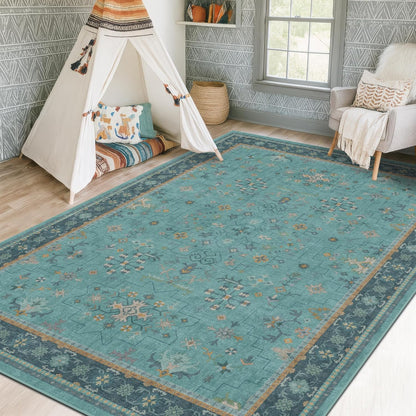 Regine Switzerland Washable 5x8 Teal Rug - Modern Floral Low-Pile, Non-Skid, Stain Resistant for Living Room & Bedroom