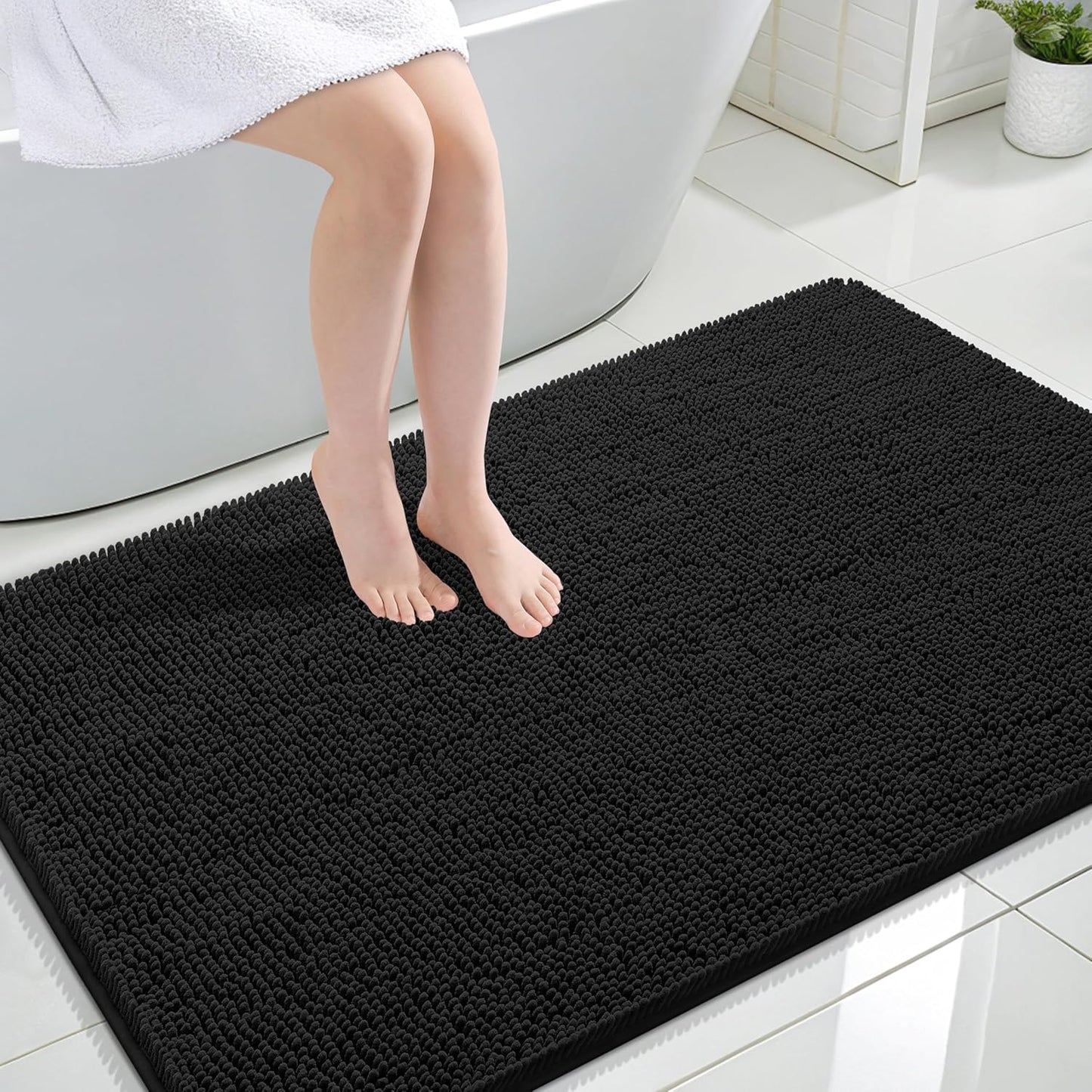 OLANLY Large Bathroom Rugs - Extra Soft Chenille Bath Mats | Quick-Dry, Machine Washable, Black 44x32