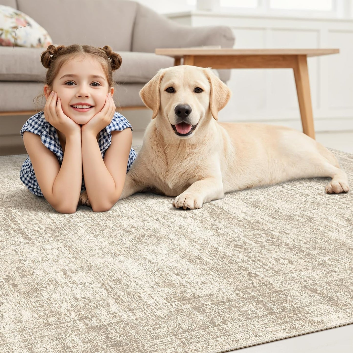 Soalmost Area Rugs - Non-Slip, Machine Washable Vintage Design | Lightweight 9x12 Beige Rug for Living Room, Bedroom, Dining Room, Home Office