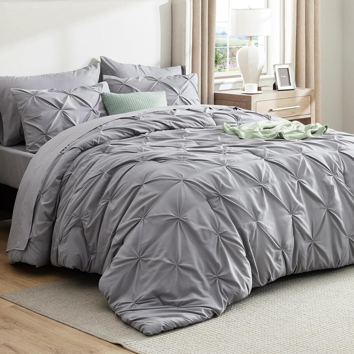 Bedsure Queen Comforter Set - Grey Pintuck Bed in a Bag | 7-Piece All-Season Bedding Set with Sheets & Pillowcases