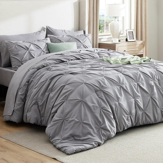 Bedsure Queen Comforter Set - Grey Pintuck Bed in a Bag | 7-Piece All-Season Bedding Set with Sheets & Pillowcases