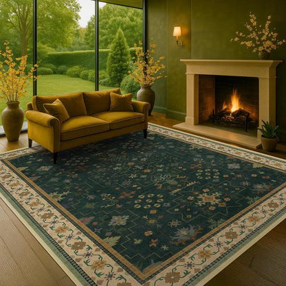 Hazo Haus Dark Green Vintage Rug - Washable 7x10 Floral Geometric Design, Ultra Soft Non-Slip for Living Room