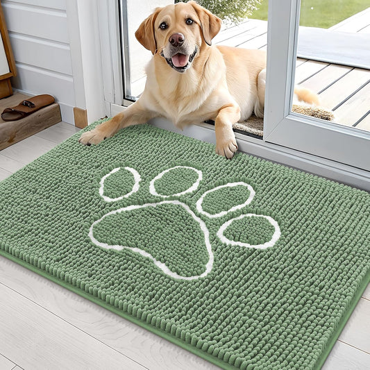 OLANLY Dog Door Mat - Muddy Paws Absorbent Chenille Doormat | Non-Slip, Quick Dry, 36x24, Olive Green