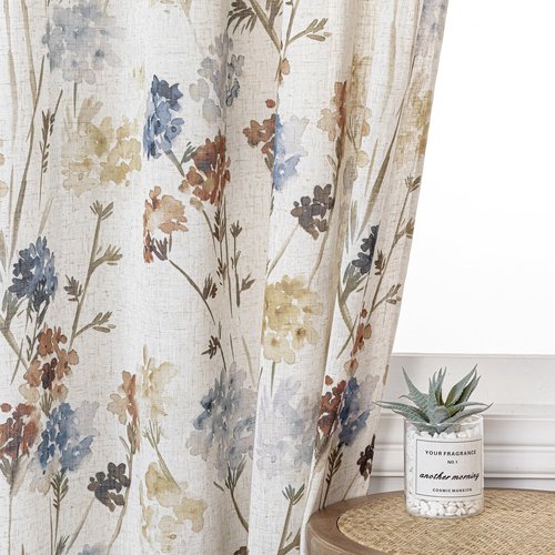 MYSKY HOME Floral Linen Curtains 84 inch Length 2 Panels Set Spring Flower Patterned Semi Sheer Light Filtering Privacy Farmhouse Grommet Drapes for Living/Dining Room, Yellow, W52 x L84, Pack-2