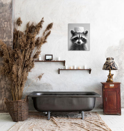 Raccoon Bathroom Wall Art - Funny Animal Canvas Print | Black & White Toilet Paper Decor | 8x10 Inch Framed
