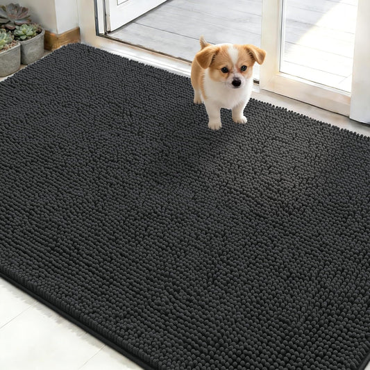 OLANLY Dog Door Mat - Absorbent Non-Slip Washable Chenille Mat for Muddy Paws | 48x30 Dark Grey