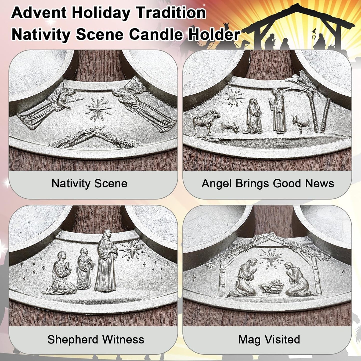 Shellwei Advent Wreath Candle Holder - Metal Nativity Scene Centerpiece for Christmas Decor | Fits 3-Inch Pillar Candles