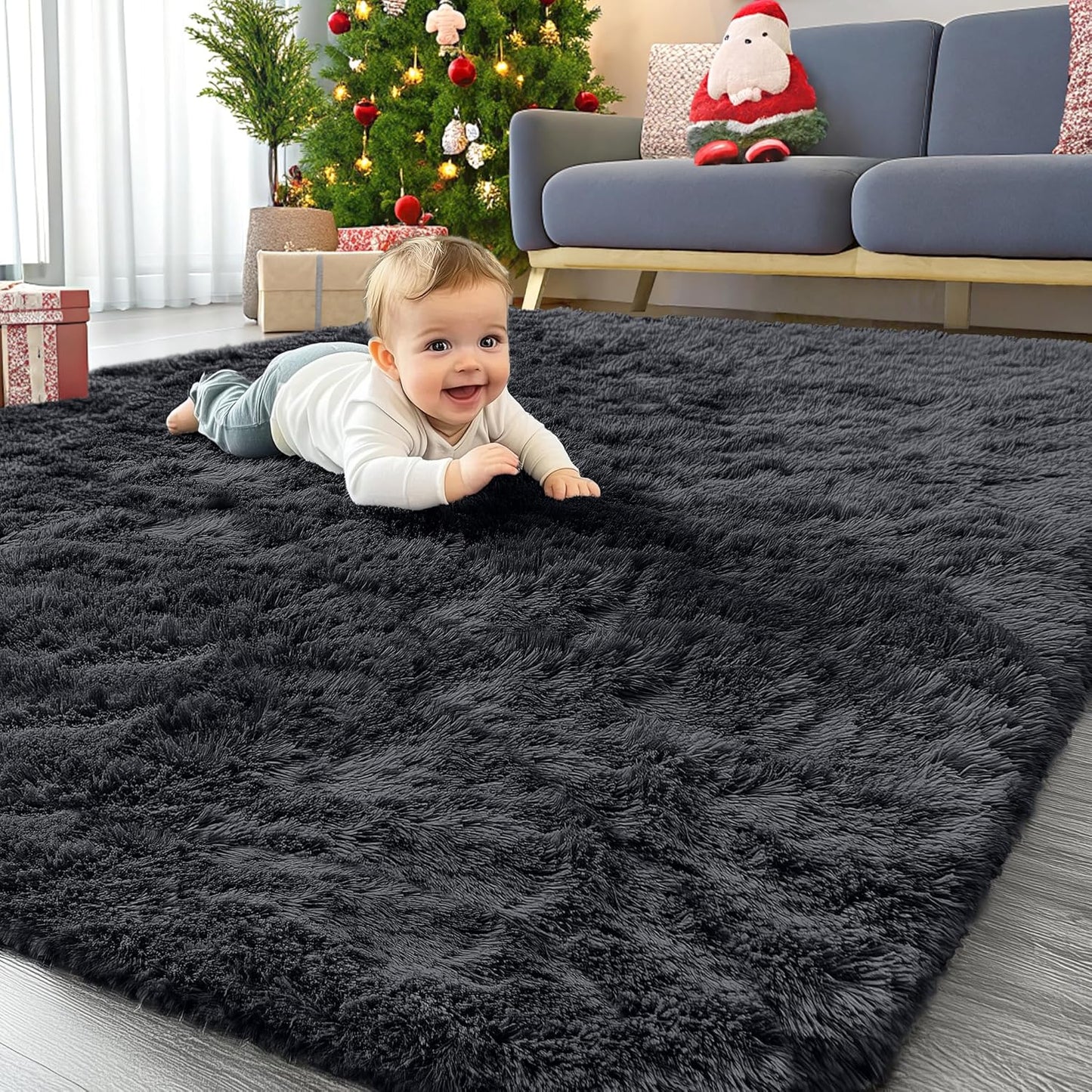 OLANLY Area Rug - Soft Fluffy Shaggy Design | Machine Washable 4x5.9 ft for Living Room & Bedroom - Black