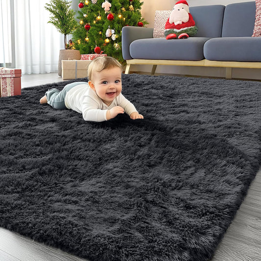 OLANLY Area Rugs - Soft Fluffy Shaggy Indoor Carpet for Living Room & Bedroom | 4x8 Black Design