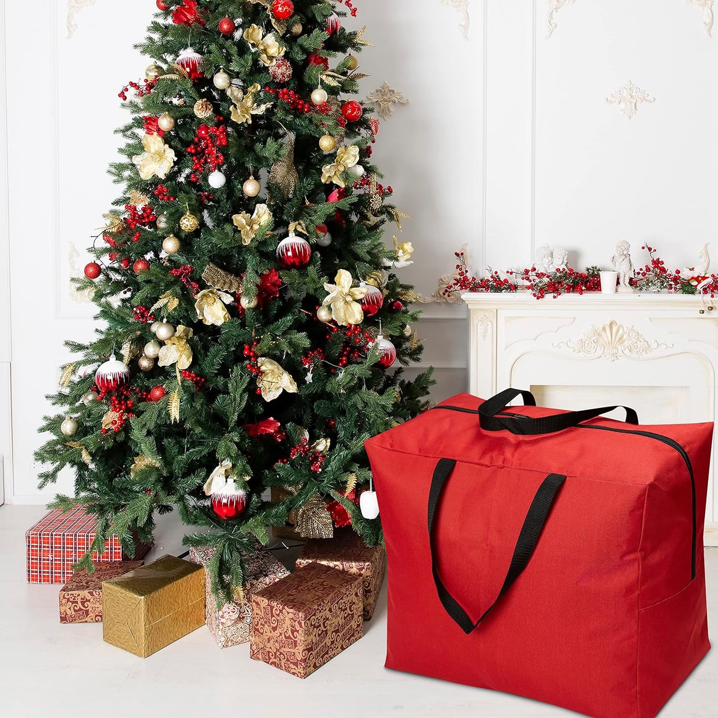 ProPik Holiday Ornaments Storage Bag - Tear-Proof Polyester, 15” x 9.8” x 18.1”, Red with Handles