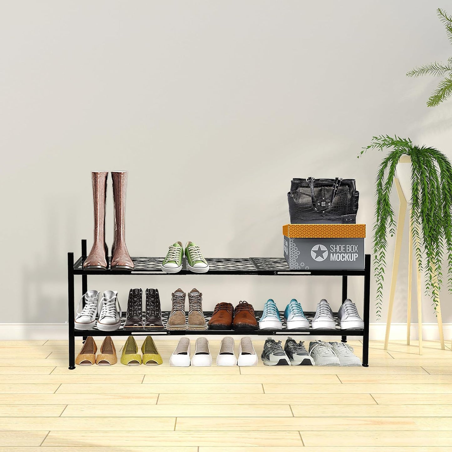 Skiennix Expandable Shoe Rack - 2-Tier Metal Organizer for 12-18 Pairs | Black, 45.6 Inches