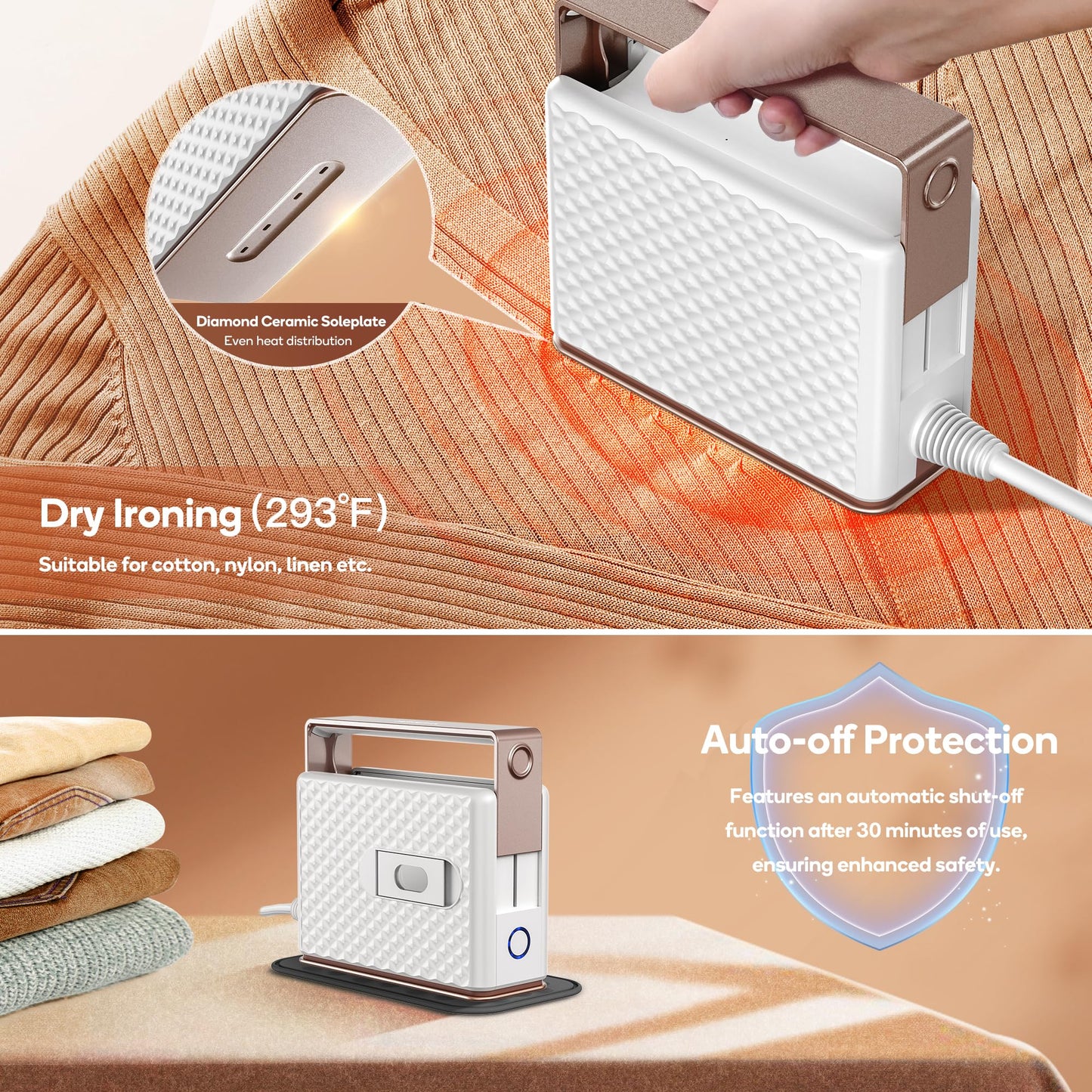 Newbealer Travel Steam Iron for Clothes, Global Voltage 100-240V Handheld Steamer, 293℉ Dry Ironing, Non-Stick Ceramic Soleplate, Horizontal & Vertical Steaming, Auto-off, Silicone Rest & Zipper Bag