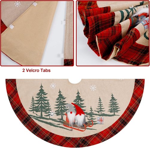 Juegoal 32-Inch Christmas Tree Skirt - Soft Red and Black Plaid with Gnome Design for Holiday Decor