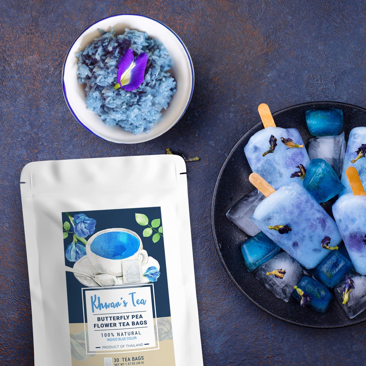 KHWAN'S TEA Pure Butterfly Pea Flower Tea 30 Bags, Blue Clitoria Ternate Flower Herbal Loose Leaf Tea, Origin in Thailand