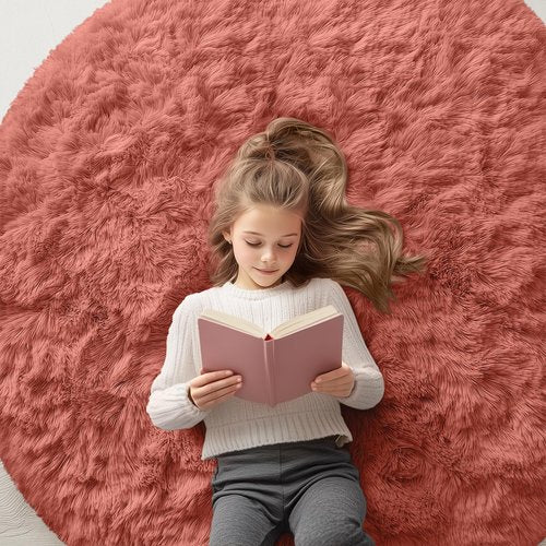OLANLY Rust Red Round Rugs for Bedroom - Machine Washable, 5 ft Circle Area Rugs for Living Room, Soft and Fluffy Shaggy Carpet for Teen Girl and Boys, Nursery Rooms, Dorms, Home Decor Aesthetic