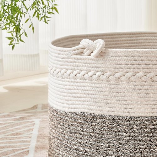 KAKAMAY Large Woven Blanket Basket - Cotton Rope Storage Hamper for Baby Laundry & Toys | White/Beige