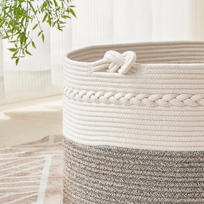 KAKAMAY Large Woven Blanket Basket - Cotton Rope Storage Hamper for Baby Laundry & Toys | White/Beige