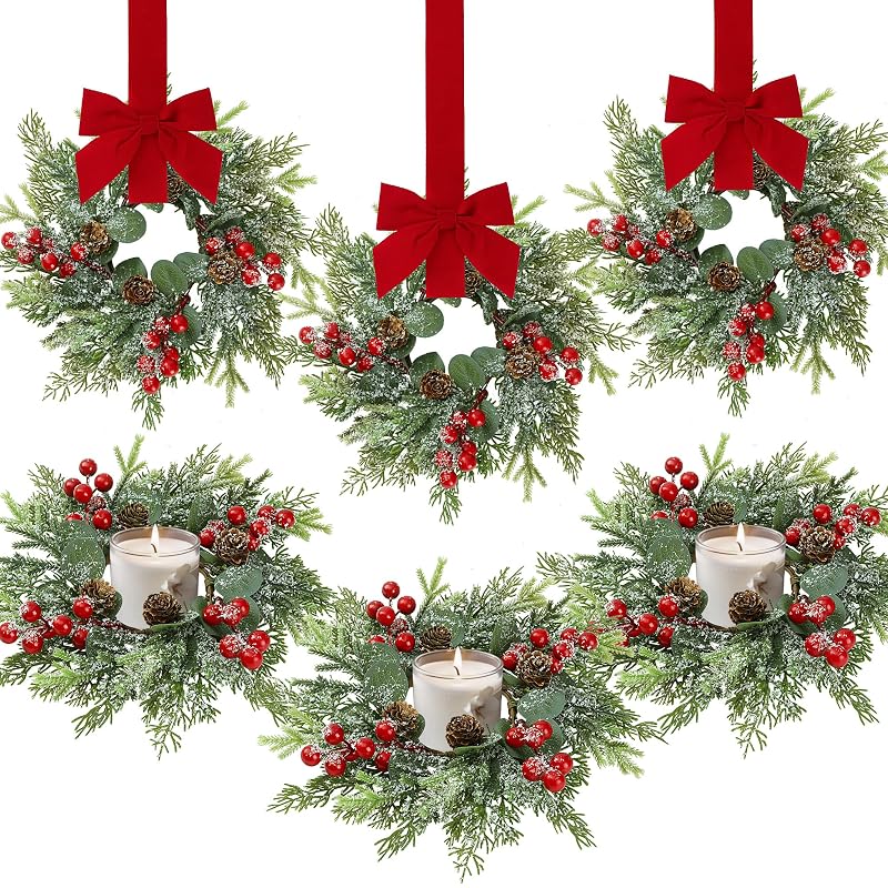 11-Inch 6 Pcs Christmas Candle Rings Norfolk Pine Wreaths with Red Berries and Pinecones