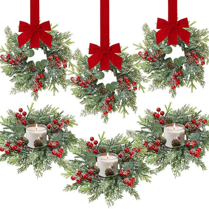 11-Inch 6 Pcs Christmas Candle Rings Norfolk Pine Wreaths with Red Berries and Pinecones