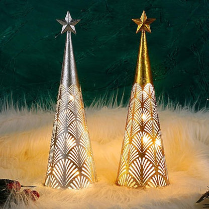 Juegoal Lighted Christmas Table Decorations - Battery Operated Cone Candle Lanterns | Set of 2 (Gold & Silver)