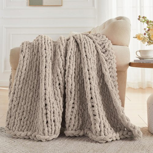 Carriediosa Chunky Knit Throw Blanket 50" X 60", 100% Hand Made Large Chenille Loop Yarn Soft Fluffy Throws for Couch Sofa Bed, Big Crochet Cozy Heavy Thick Cable Woven Blankets, Taupe